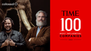 A visualization of Colossal co-founders next to the magazine cover of TIME's 100 Most Influential Companies List of 2023