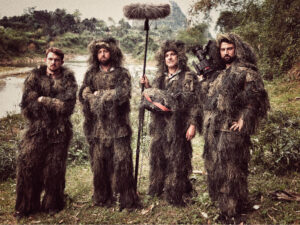 Decked out head to toe in ghillie suits as we prepare to stake out potential Saola habitat  in the Anemites.